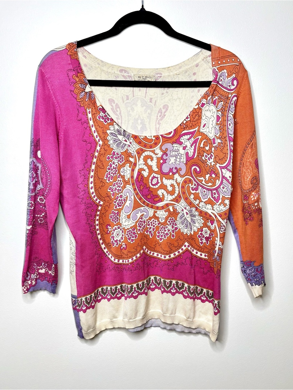 Etro Milano Knit Top 3/4 Sleeve Print Multicolor Scoop Neck